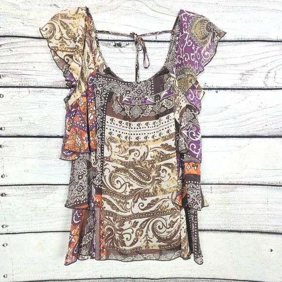 Studio Y M Paisley Boho Ruffle Sleeve Chiffon Top - Picture 1 of 9